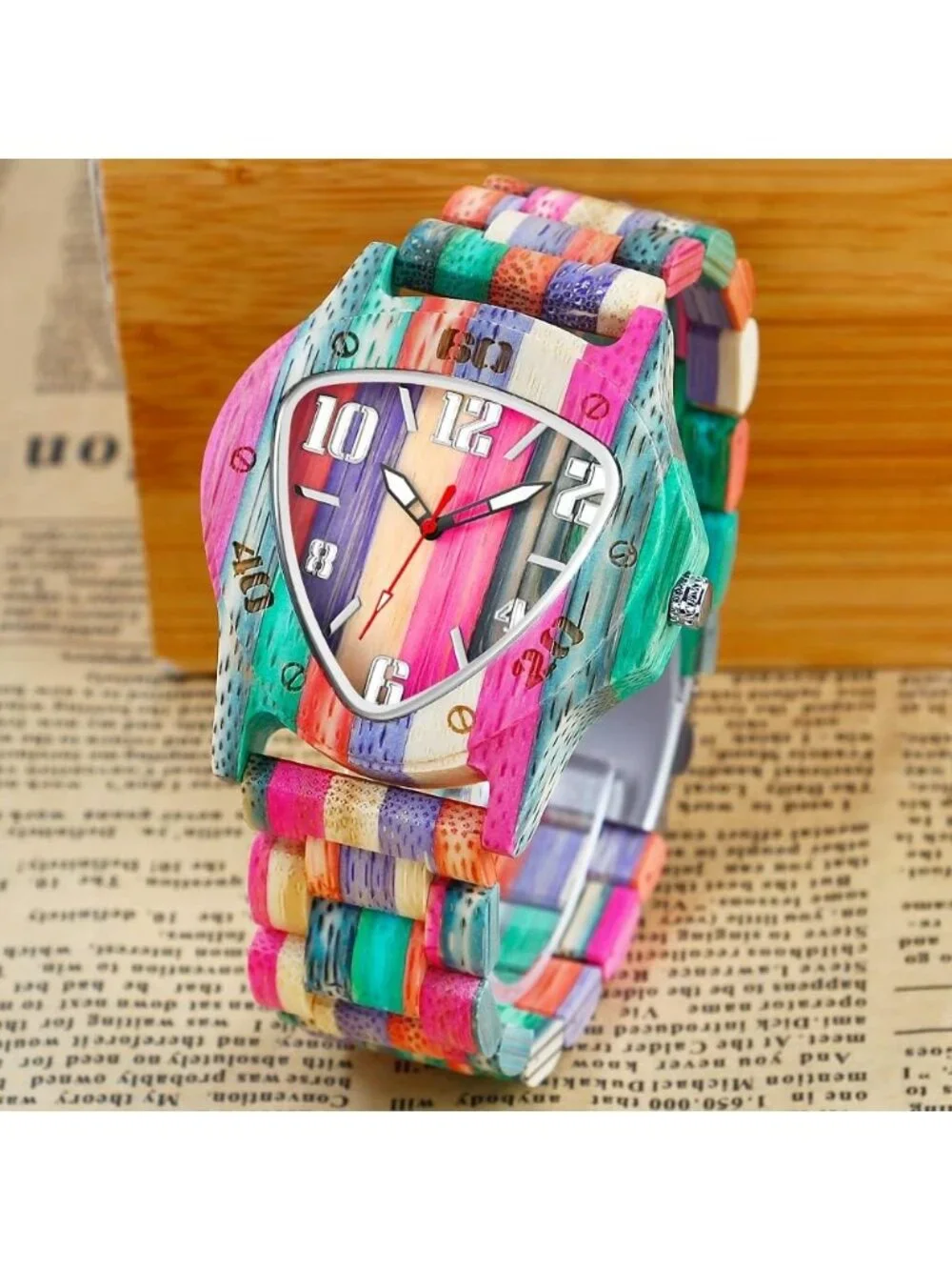 Men's Multi Color Analog Quartz Handmade Colorful Bamboo Triangle Wooden Watch